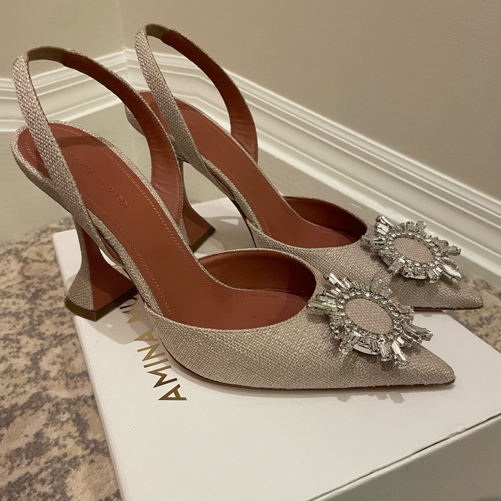 Amina Muaddi begum slingback in canvas beige